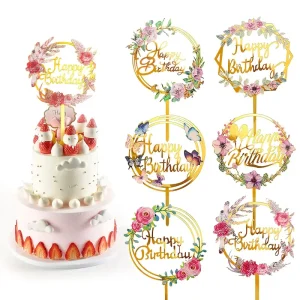 Happy Birthday Cake Topper, Multi-Patterned Acrylic Cupcake Topper For Birthday Cake Decoration Party